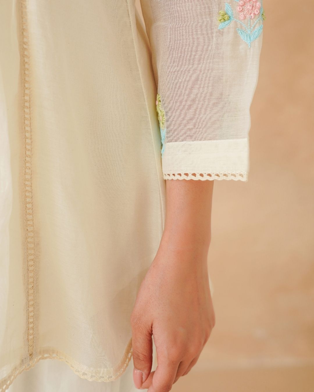 Pleated Ivory Chanderi Embroidered Shirt