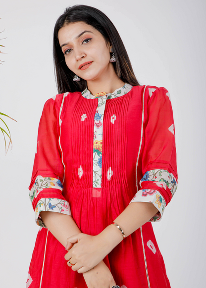 Red Pleated Bhandej Kurta Set