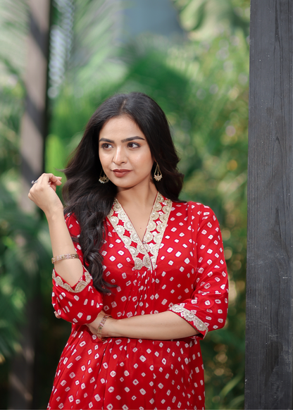 Red Bhandej Kurta Set