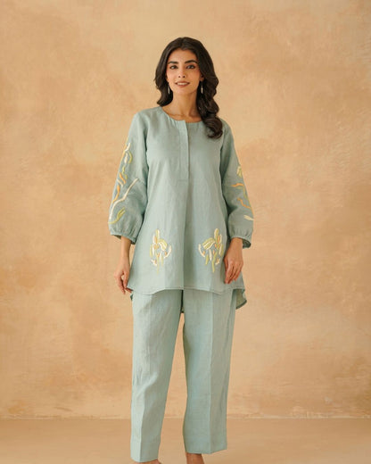 Aqua blue linen summer petals co ord set