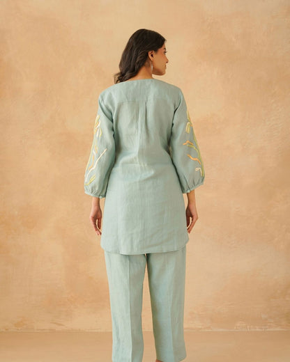 Aqua blue linen summer petals co ord set