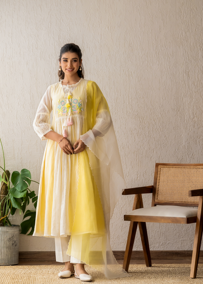 Resham Roses Ivory & Yellow Mukaish Suit Set