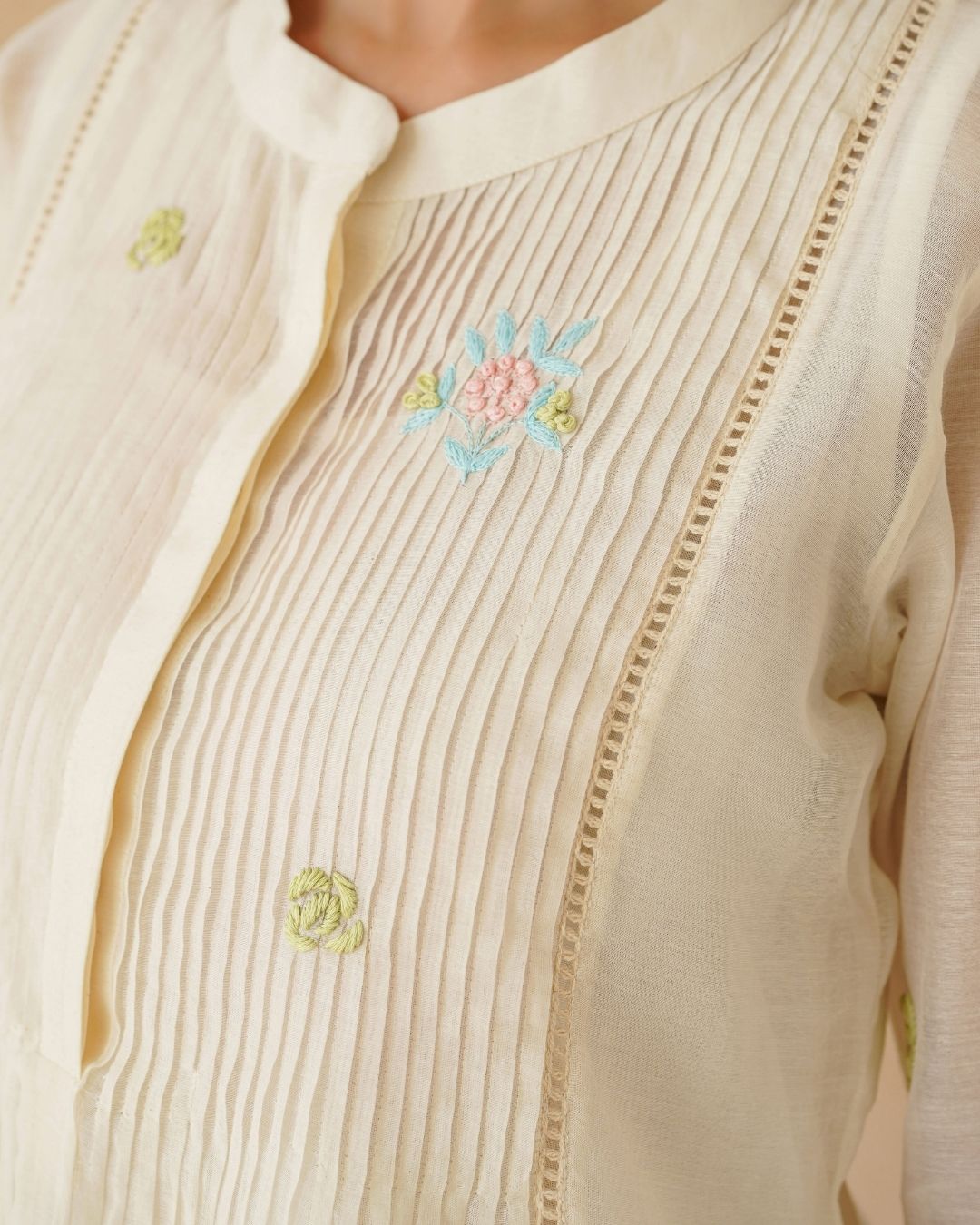 Pleated Ivory Chanderi Embroidered Shirt