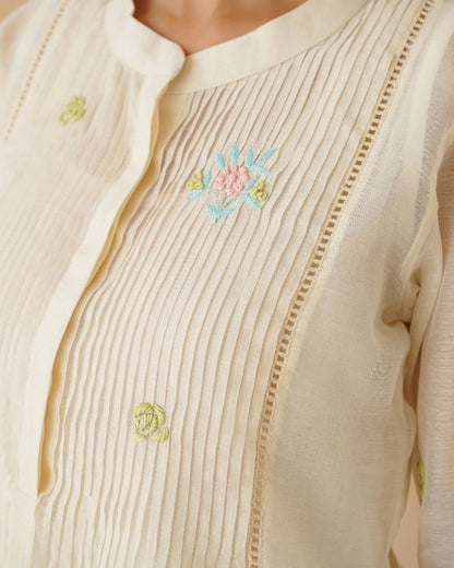 Pleated Ivory Chanderi Embroidered Shirt