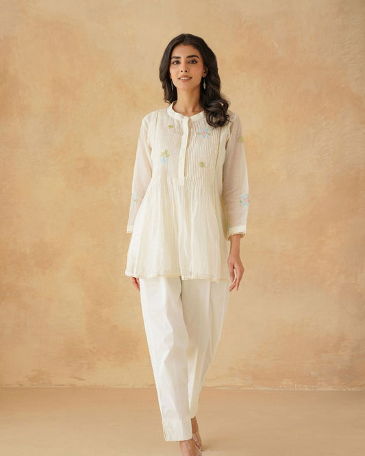 Pleated Ivory Chanderi Embroidered Shirt