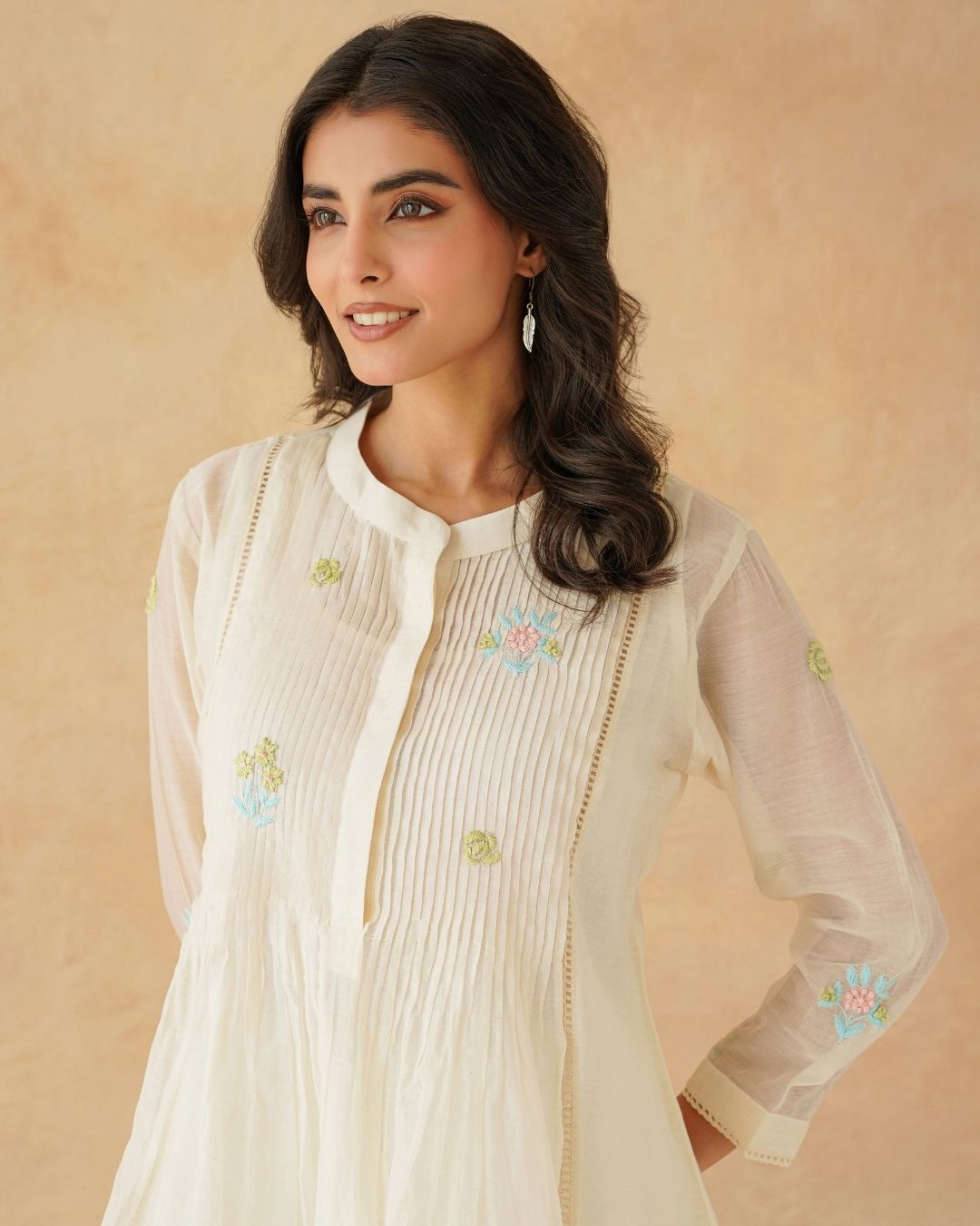 Pleated Ivory Chanderi Embroidered Shirt