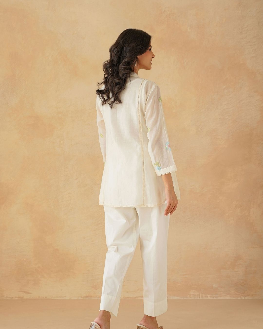 Pleated Ivory Chanderi Embroidered Shirt