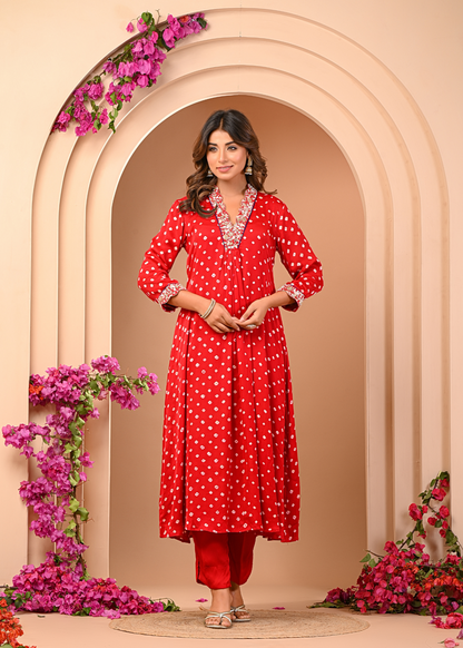Royal Red Bhandej Kurta Set