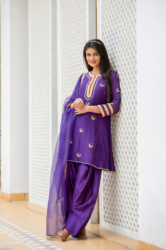 PURPLE CHAAND GOTA FARSHI SET