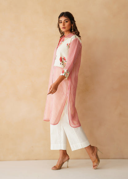 Floral Pintuck & Striped Red Kurta Co-ord Set