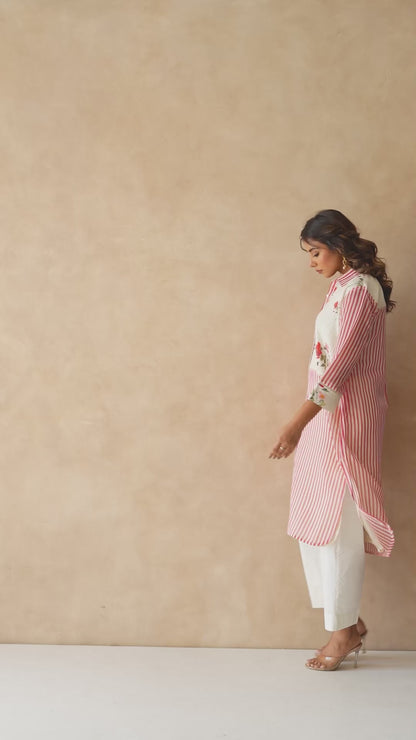 Floral Pintuck & Striped Red Kurta Co-ord Set